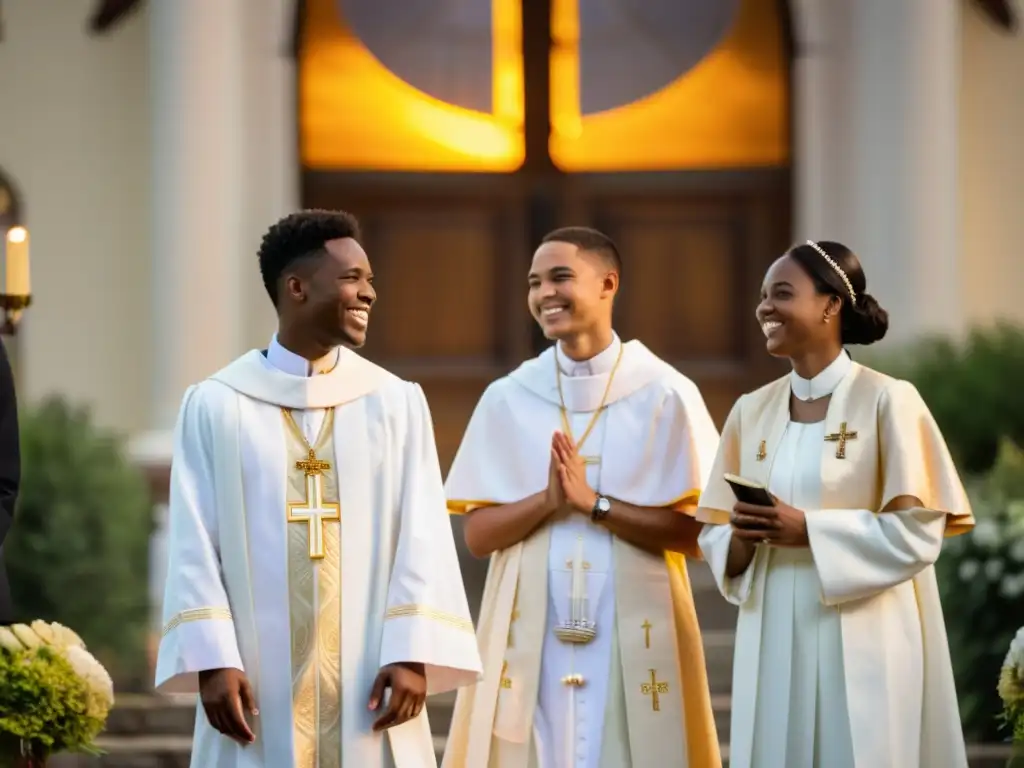 Jóvenes en confirmación bajo el cálido atardecer de la iglesia Un grupo de jóvenes en atuendos de confirmación cristiana, sonrientes y conversando afuera de una iglesia al atardecer