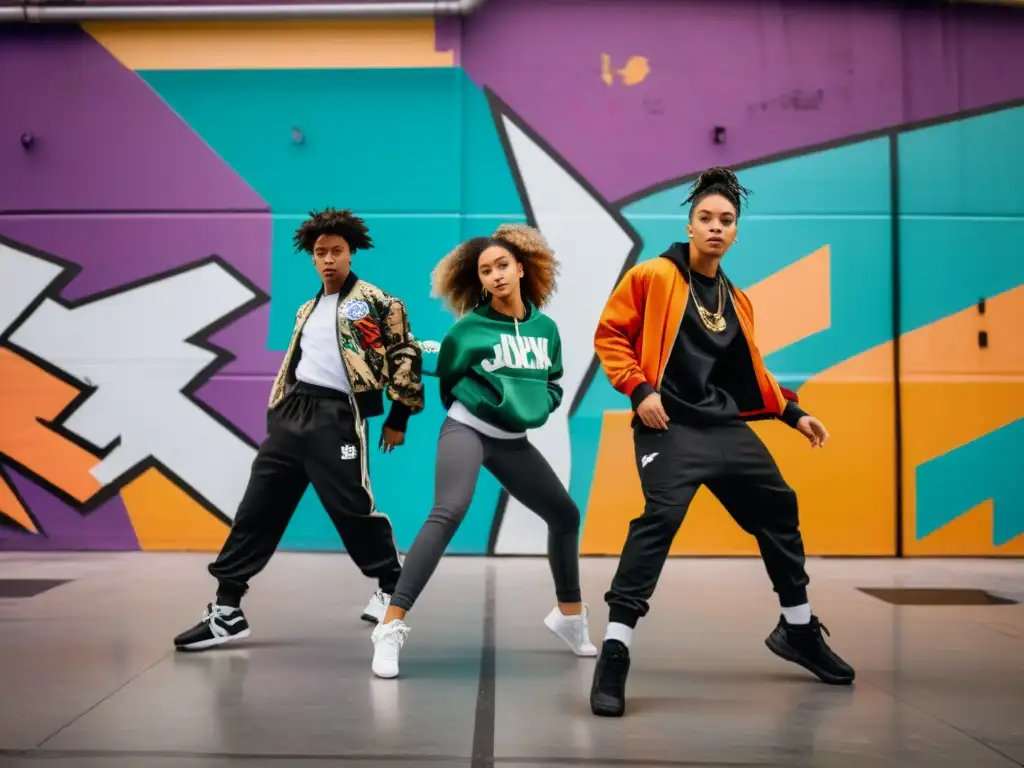 Un grupo de jóvenes bailarines diversos, vistiendo ropa moderna, realizan una coreografía en un entorno urbano