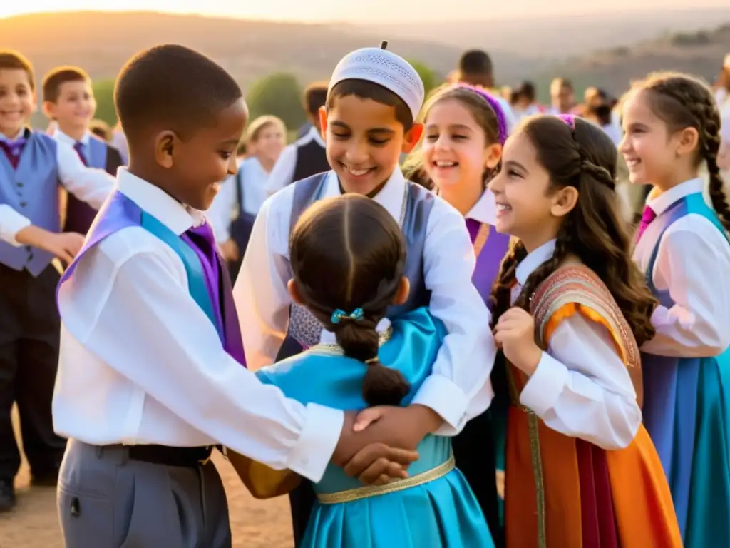 Un grupo de jóvenes celebrando un Bar Mitzvah y Bat Mitzvah con danzas tradicionales y coloridos atuendos judíos al atardecer