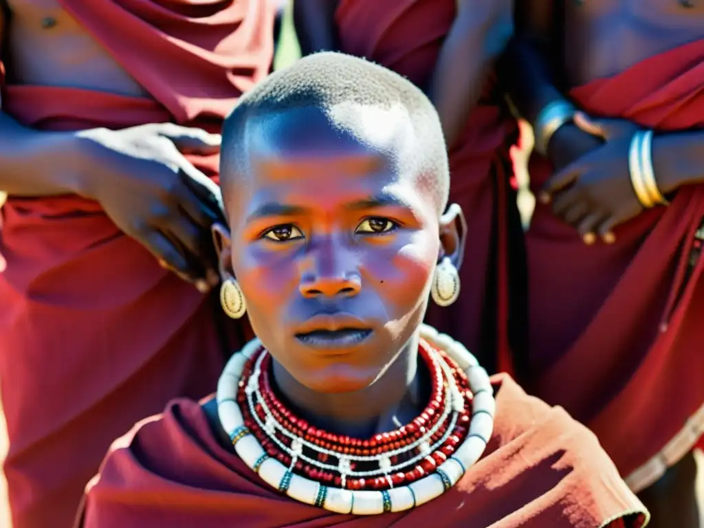 Grupo de jóvenes Masai en ceremonia de transición, adornados con shukas rojos y joyería, mientras un anciano realiza un baile ritual