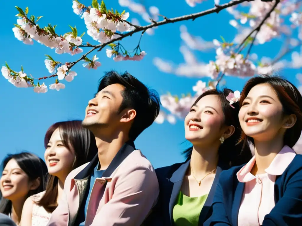 Grupo de jóvenes disfrutando de los cerezos en flor bajo el cielo azul