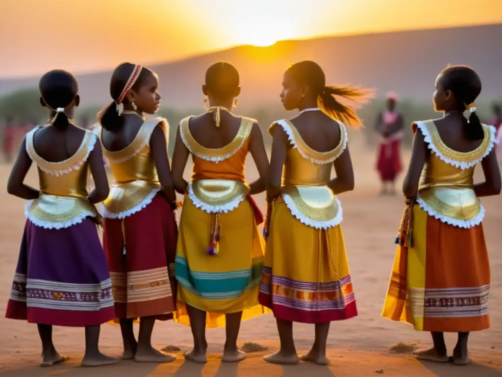 Grupo de jóvenes chicas Bassari en danza durante los Ritos de la Pubertad Bassari, con vestimenta tradicional y ambiente sagrado al atardecer