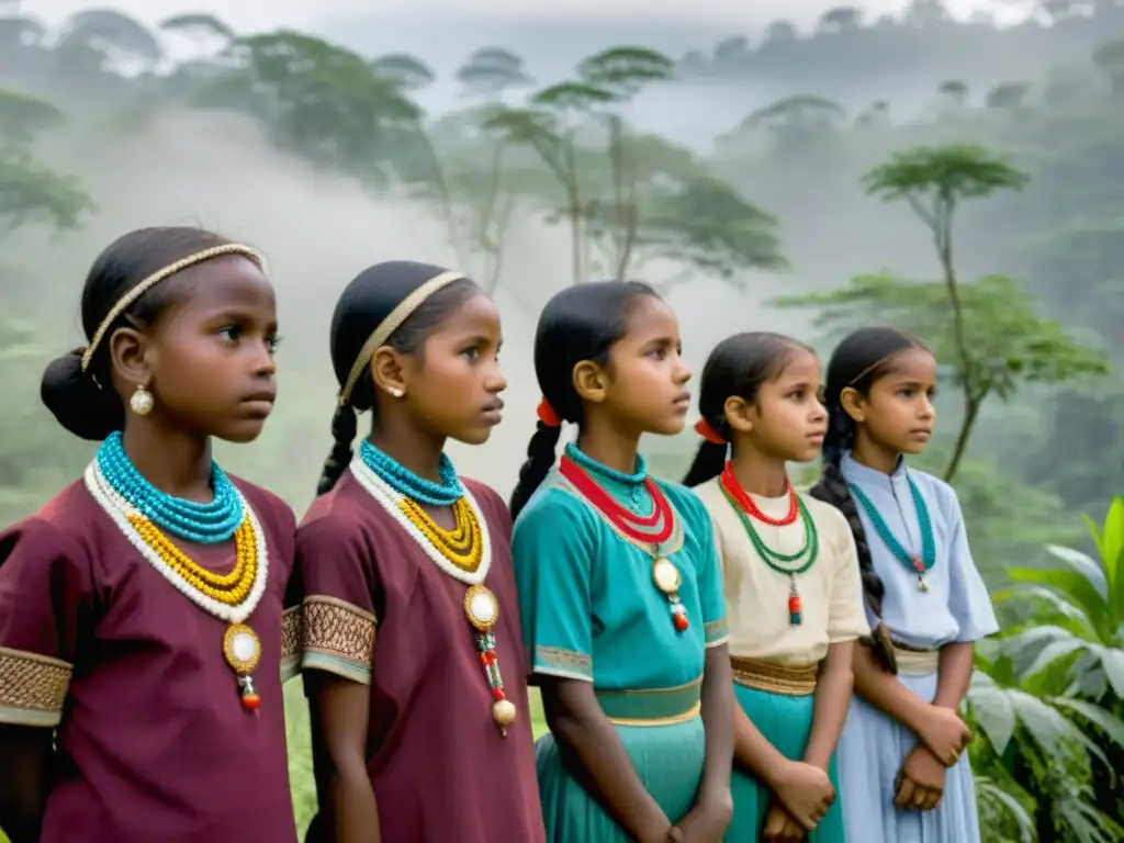 Grupo de jóvenes chicas Bassari en ritos de pubertad, ataviadas en atuendos tradicionales, frente a bosque sagrado entre la niebla