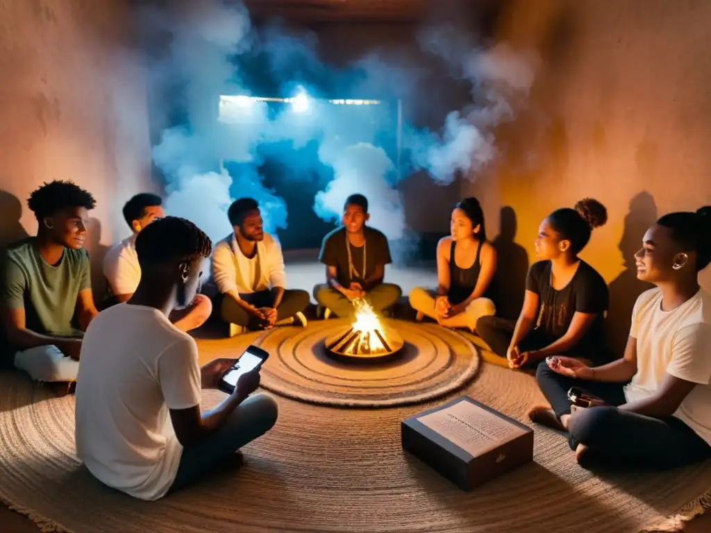 Un grupo de jóvenes en un círculo envía mensajes efímeros en una atmósfera ritualística