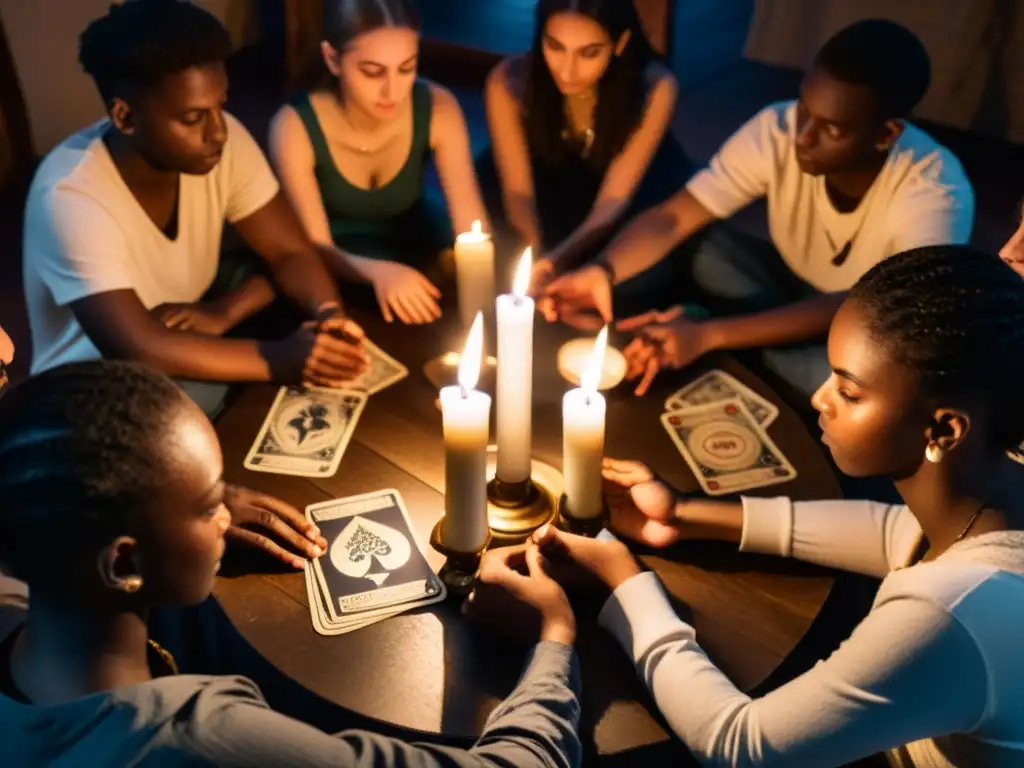 Grupo de jóvenes en círculo, rodeados de velas y cartas de tarot, realizando rituales de invocación en juegos con una atmósfera mística