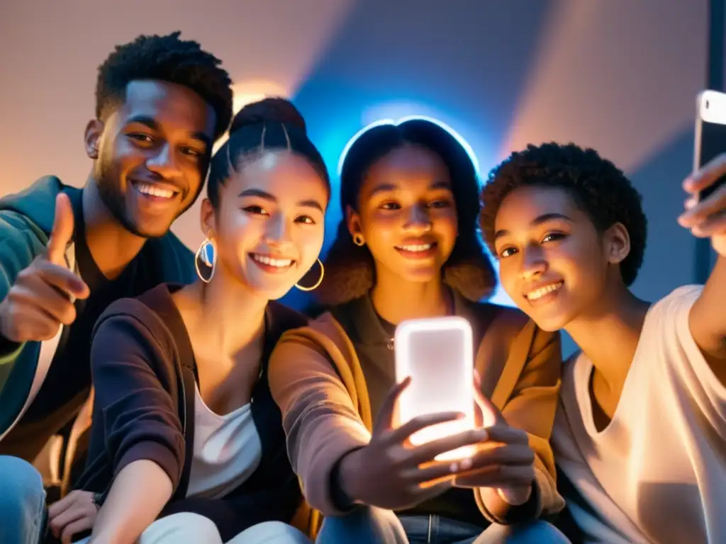 Un grupo de jóvenes en círculo, conversando animadamente y usando sus smartphones