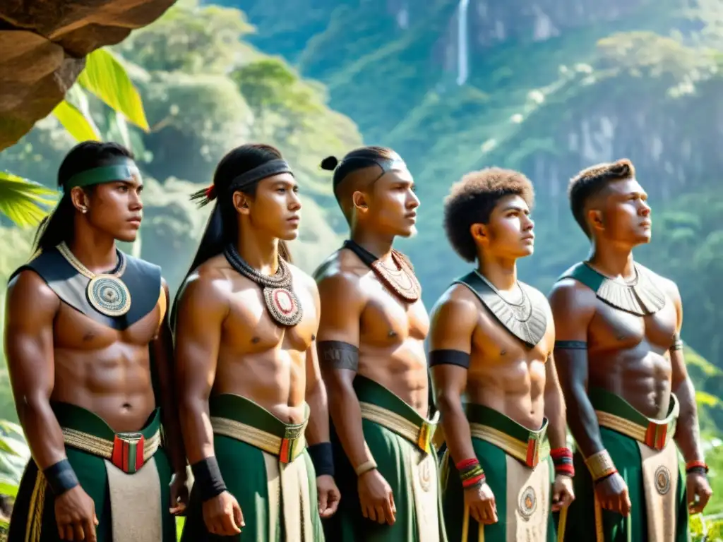 Un grupo de jóvenes guerreros indígenas en un espacio ceremonial, rodeados de vegetación exuberante y símbolos antiguos