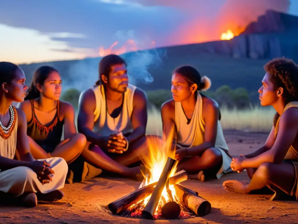 Un grupo de jóvenes iniciados aborígenes escucha atentamente al anciano chamán mientras relata historias ancestrales de los Sueños del Tiempo