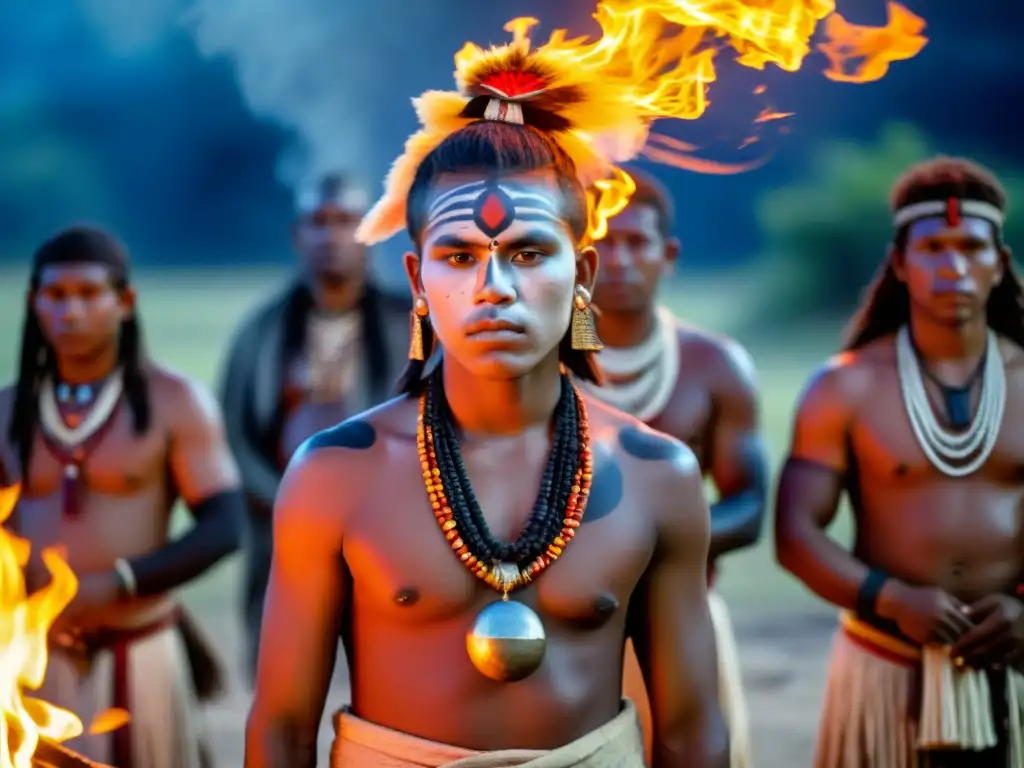 Grupo de jóvenes iniciados tribales en una ceremonia de iniciación tribal alrededor de un fuego sagrado en el bosque