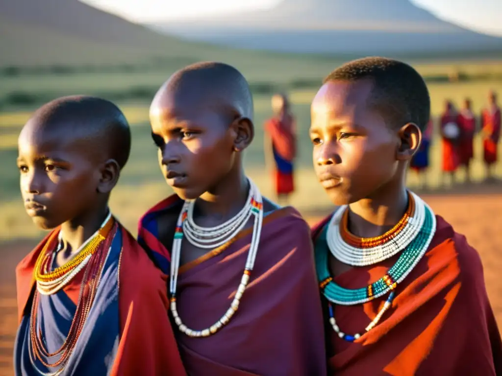 Grupo de jóvenes Maasai participando en ritos de pubertad, con atuendos y joyas tradicionales, mientras ancianos observan con solemnidad