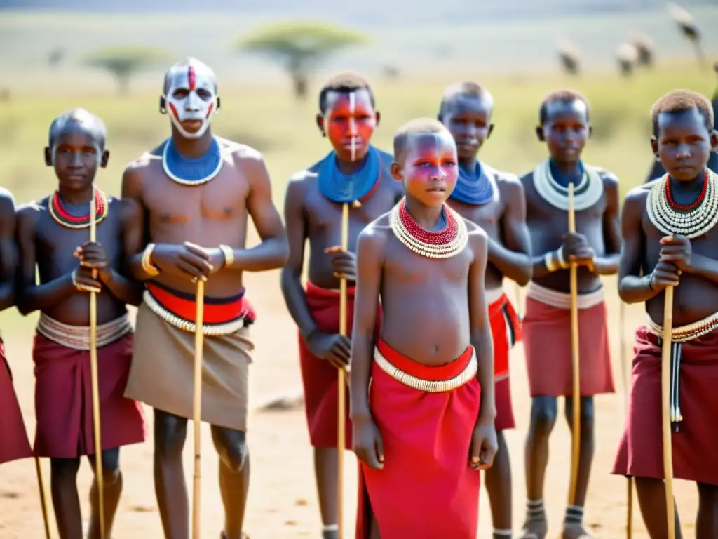 Grupo de jóvenes Maasai en ritual de iniciación con vestimenta tradicional y pinturas faciales, rodeados de ancianos en la sabana keniana al atardecer