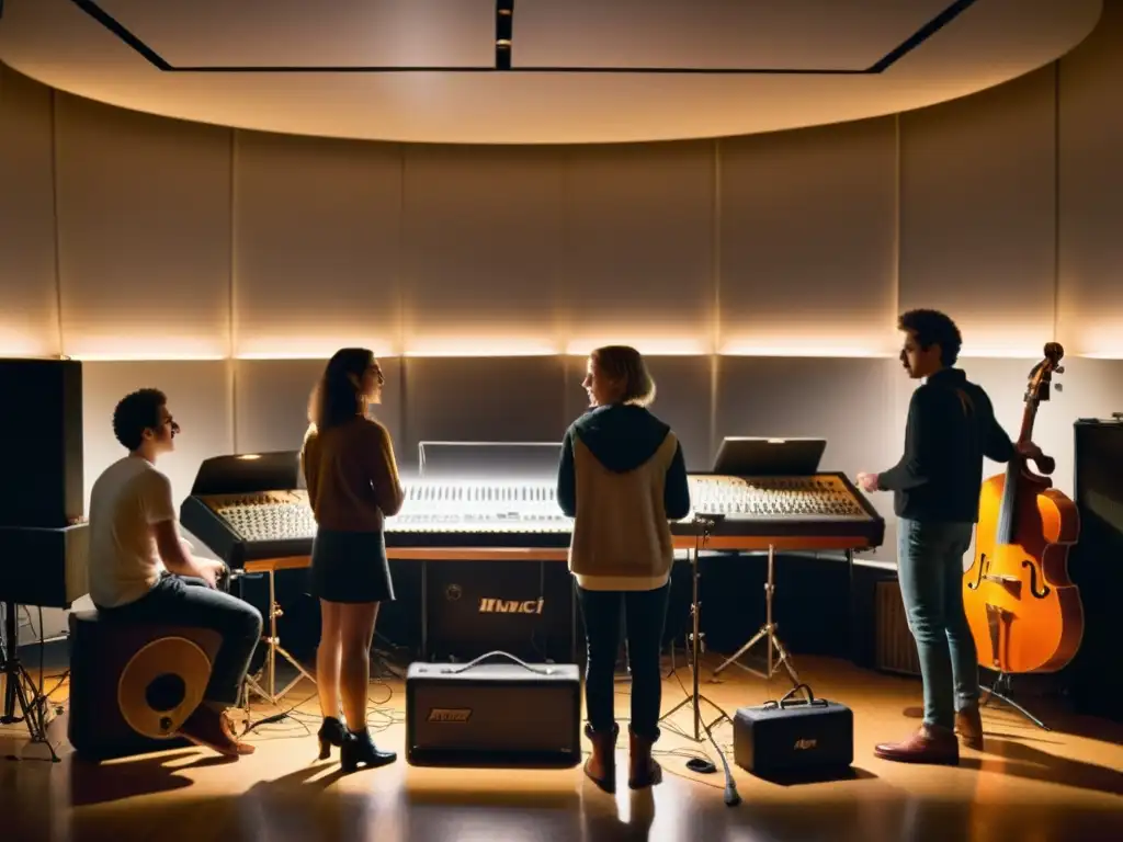 Un grupo de jóvenes músicos se reúnen en un estudio de ensayo, iluminados por el brillo de los atriles y amplificadores de válvulas vintage