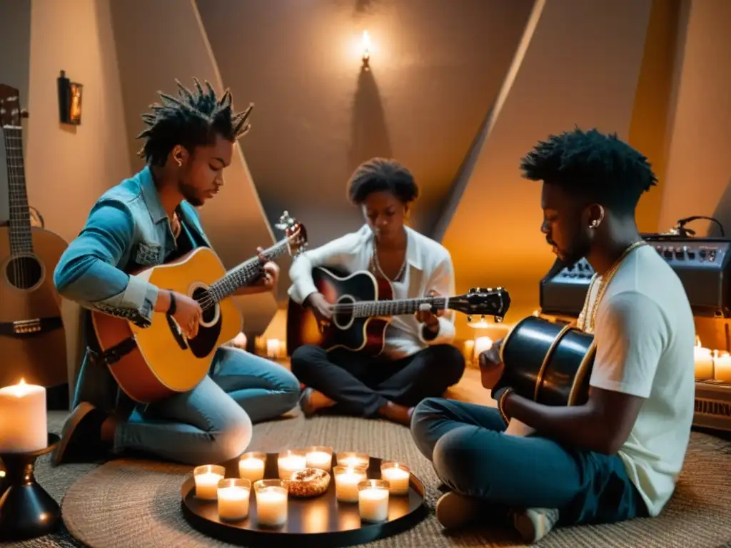 Un grupo de jóvenes músicos inmersos en un ritual de iniciación en rock, rodeados de velas, incienso y pasión musical