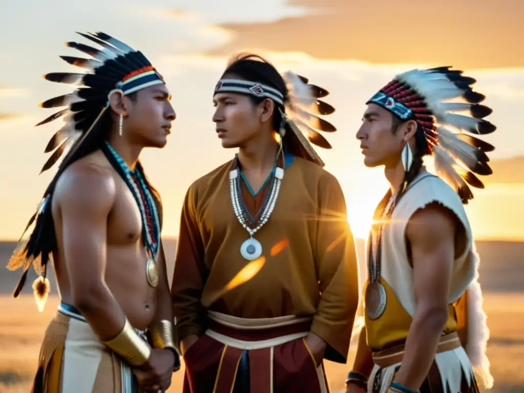 Un grupo de jóvenes nativos americanos realizando un ritual de iniciación en las llanuras, con el sol poniéndose detrás de ellos