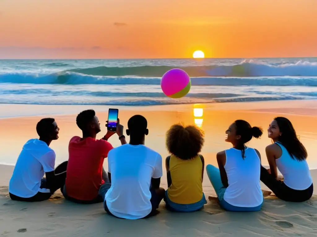 Grupo de jóvenes en la playa participando en un desafío de redes sociales, lanzándose una pelota, con un vibrante atardecer de fondo