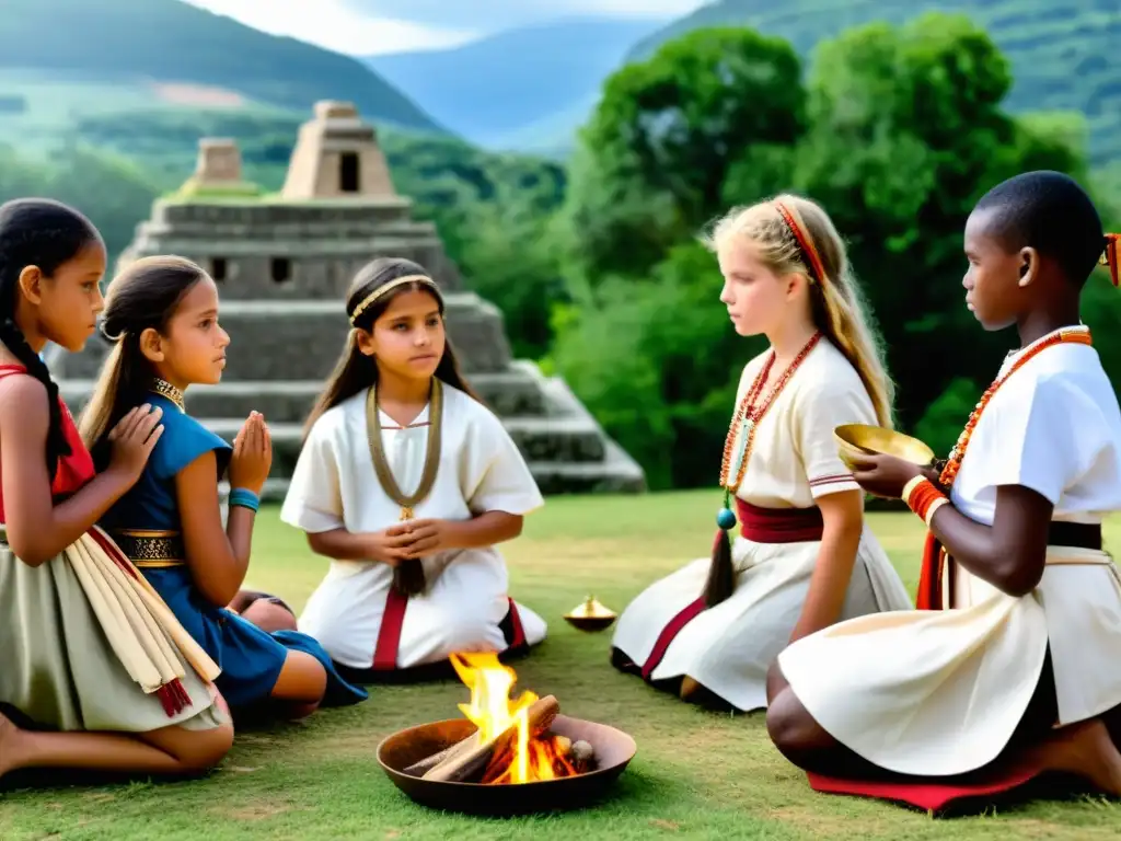 Un grupo de jóvenes participa en un ritual de pubertad en una cultura europea, rodeados de ruinas antiguas