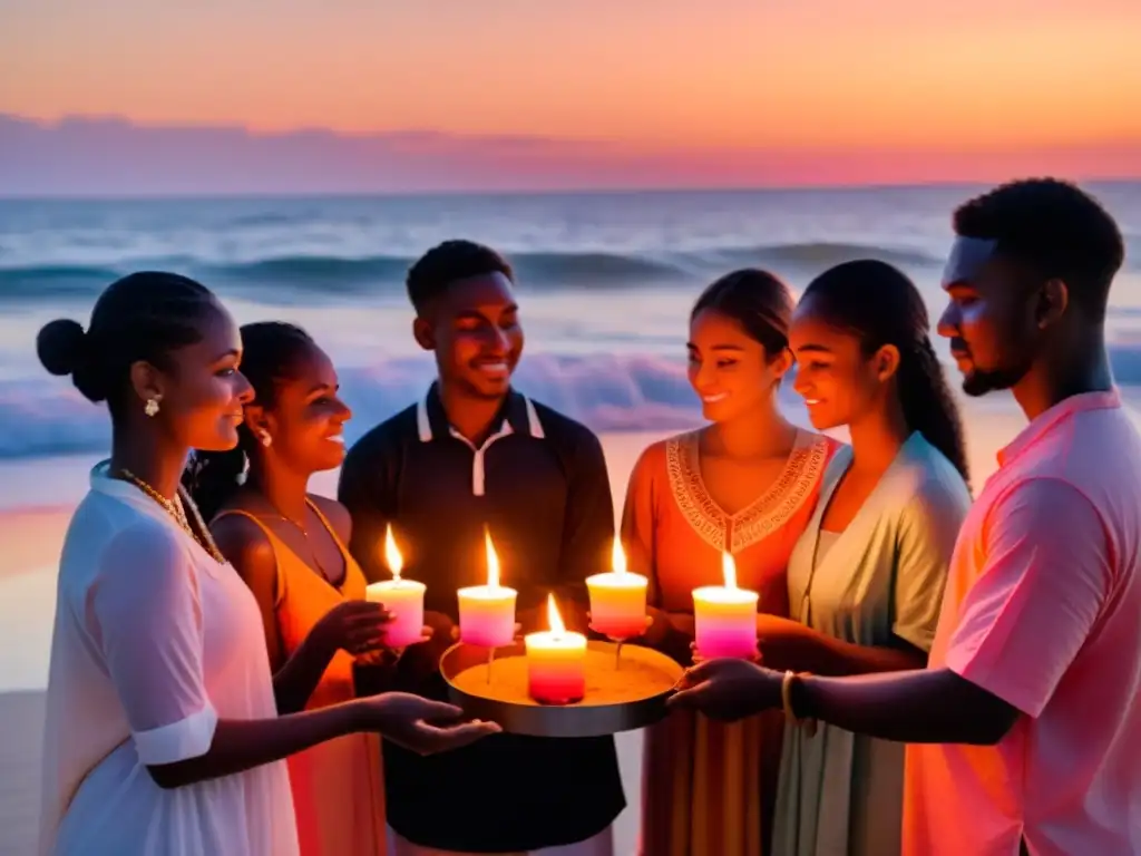 Grupo de jóvenes en ritual de transición en sociedad, sosteniendo velas encendidas en la playa al atardecer