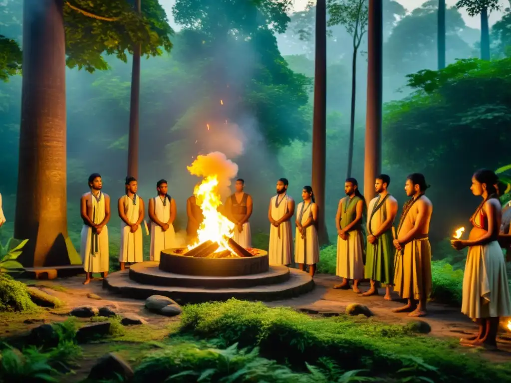 Grupo de jóvenes en rituales de iniciación en sociedades antiguas, en un bosque místico de la India