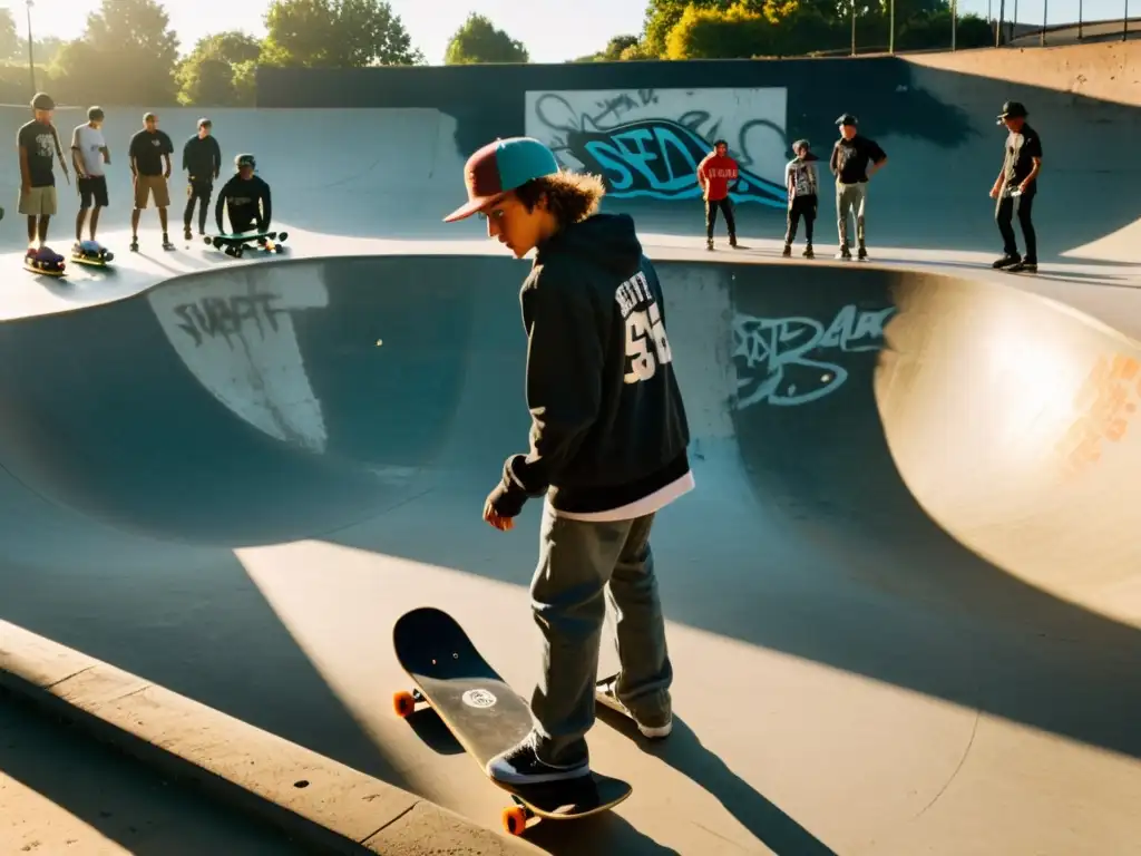 Un grupo de jóvenes skaters se reúnen en un parque urbano, listos para realizar trucos