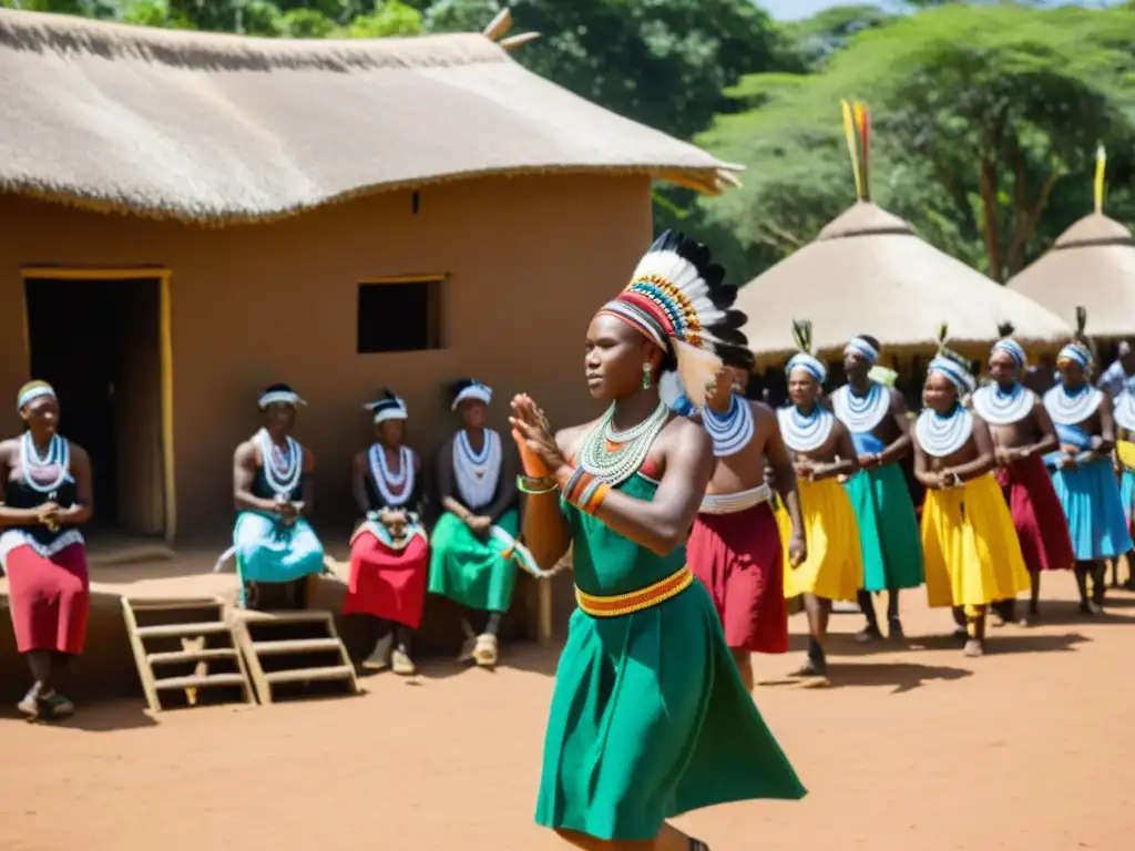 Un grupo de jóvenes de una tribu africana celebra su ritual de graduación con danzas y atuendos tradicionales, en un claro soleado rodeado de chozas