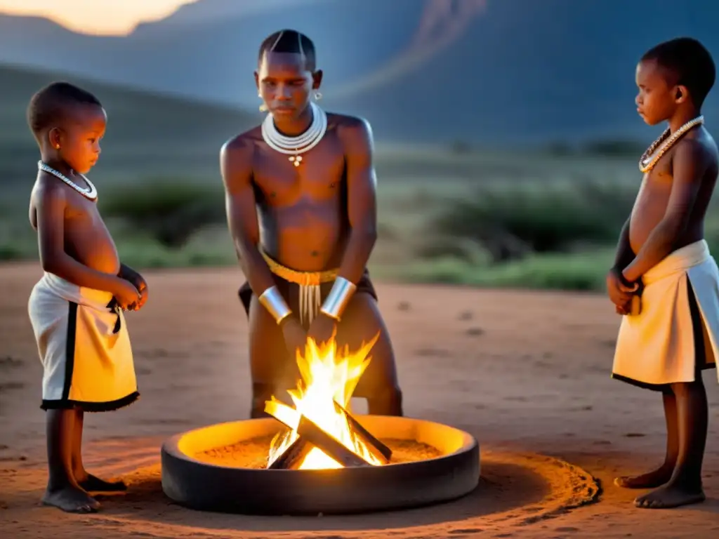 Grupo de jóvenes de la tribu Xhosa en Sudáfrica, listos para el ritual de iniciación, con el sol poniéndose detrás