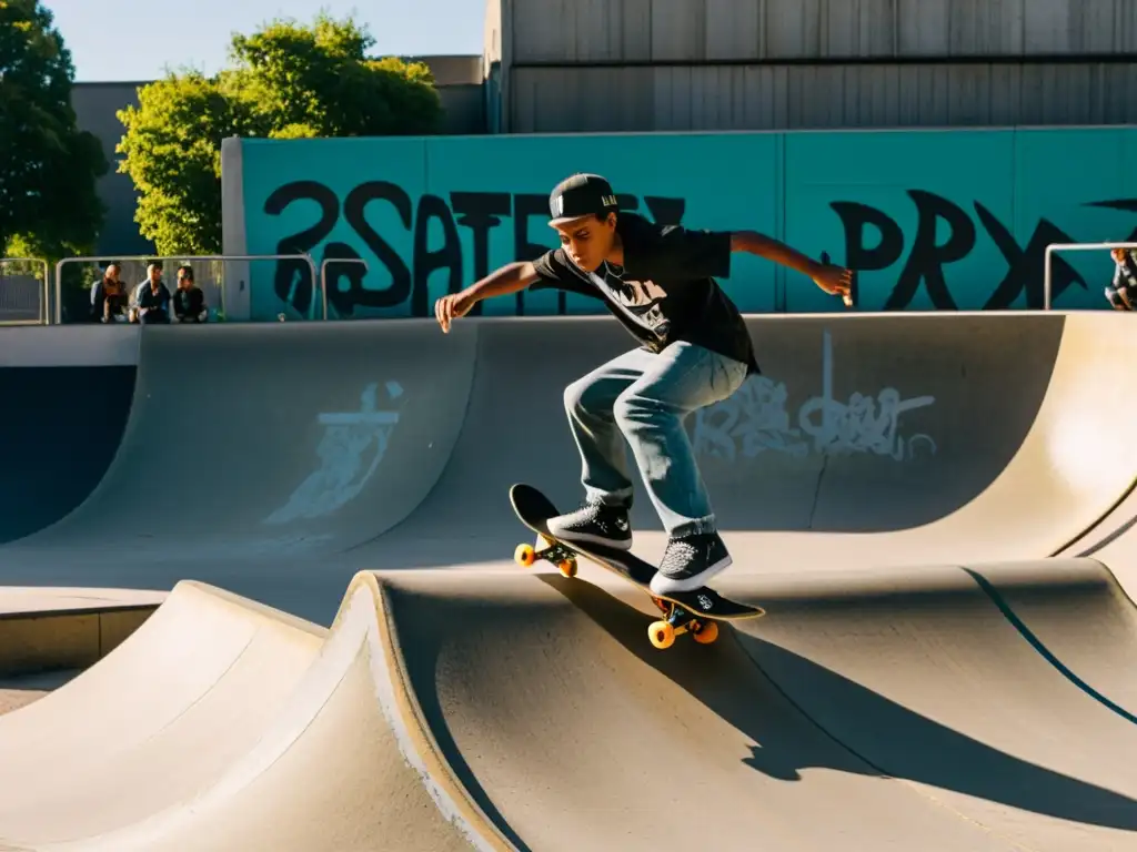 Un grupo de jóvenes urbanos practican skate en un parque lleno de grafitis