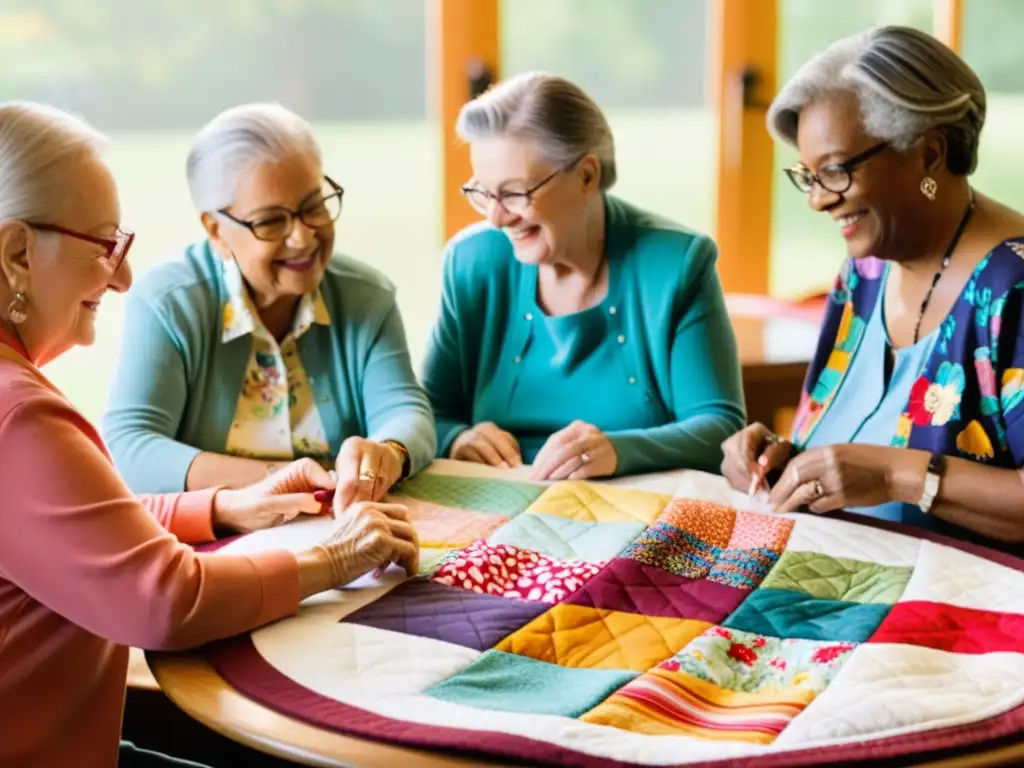 Un grupo de jubilados disfruta de un animado proyecto de arte confeccionando un hermoso y simbólico quilt