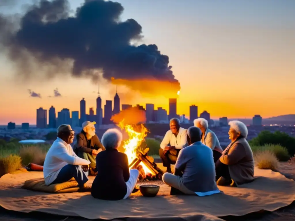 Un grupo de jubilados diversos se reúnen alrededor de una fogata, compartiendo historias y risas al atardecer