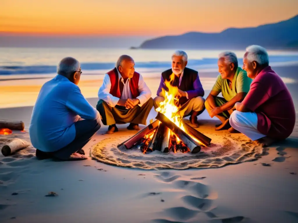 Un grupo de jubilados se reúne alrededor de una fogata en la playa al atardecer, compartiendo rituales de jubilación en el mundo