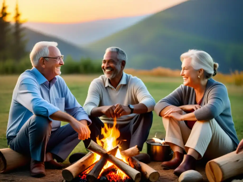 Un grupo de jubilados compartiendo historias alrededor de una fogata al atardecer