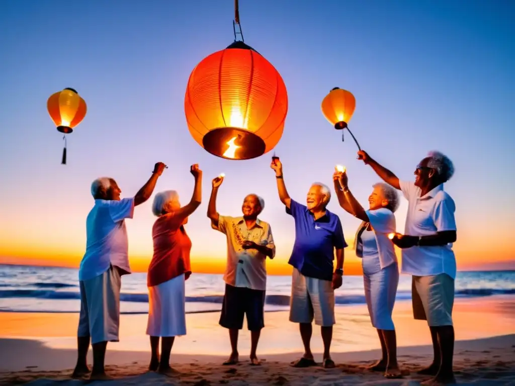 Grupo de jubilados liberando linternas en la playa al atardecer, en un emotivo ritual de jubilación innovador