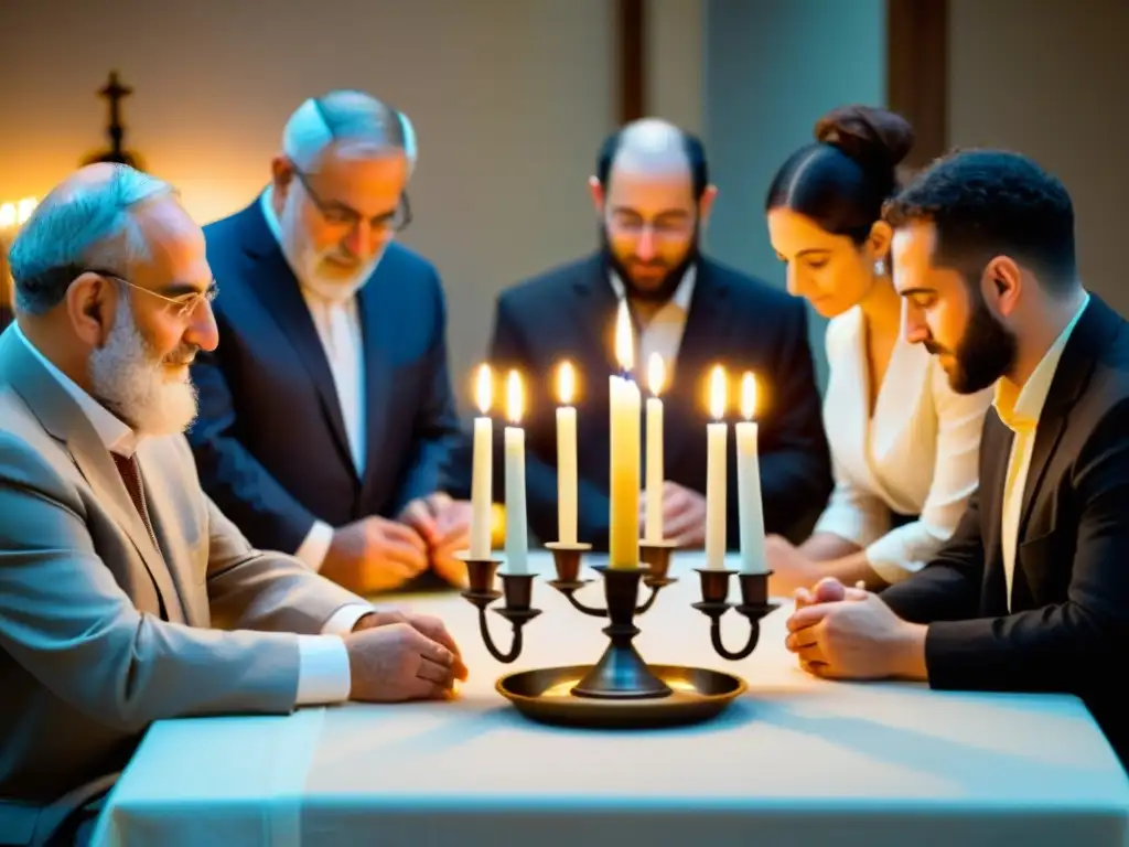 Grupo judío encendiendo velas de Shabbat en una mesa hermosamente decorada