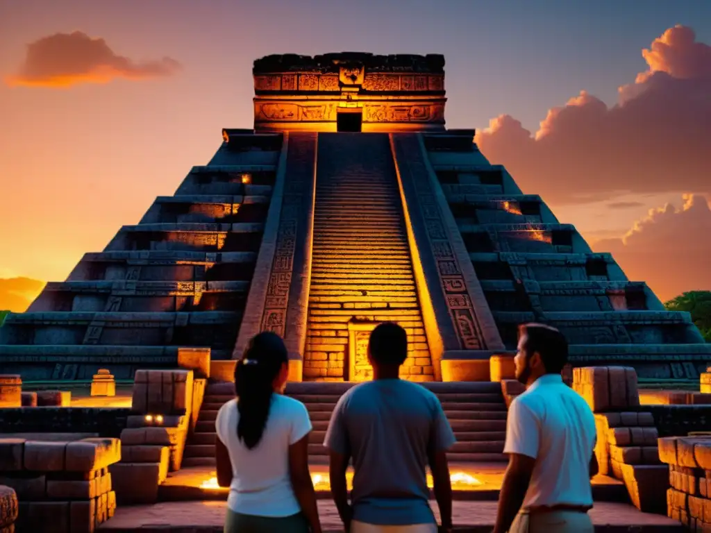 Un grupo de jugadores modernos se maravilla ante un templo maya iluminado por el atardecer, mientras participan en un videojuego que incorpora rituales antiguos