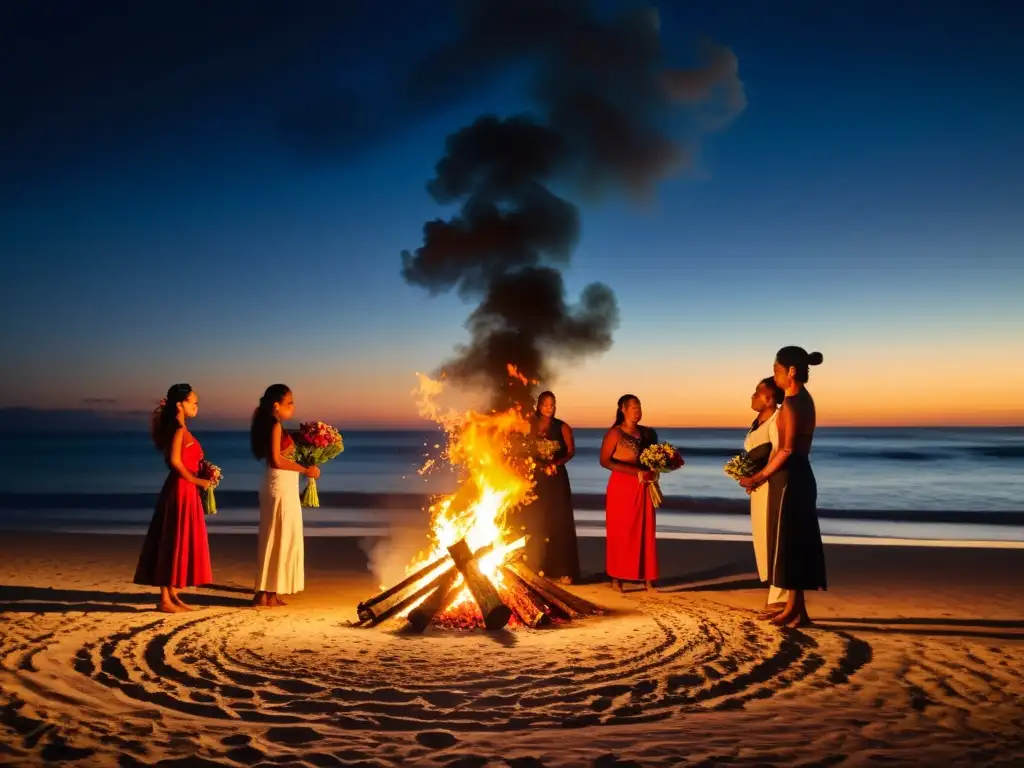 Grupo junto a fogata en la playa, realizando rituales noche San Juan con hierbas y flores, creando atmósfera mágica