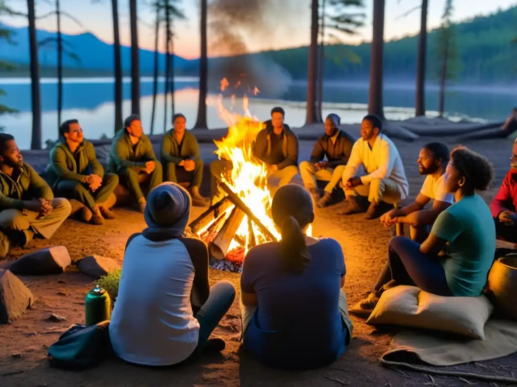 Un grupo escucha atentamente al guía junto al fuego en el bosque