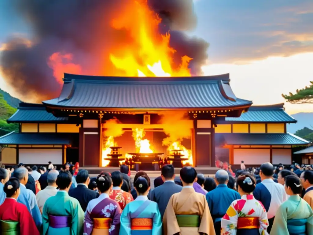 Un grupo en kimonos y hakamas se prepara para el ritual de Año Nuevo en Japón, frente a un gran fuego en el templo