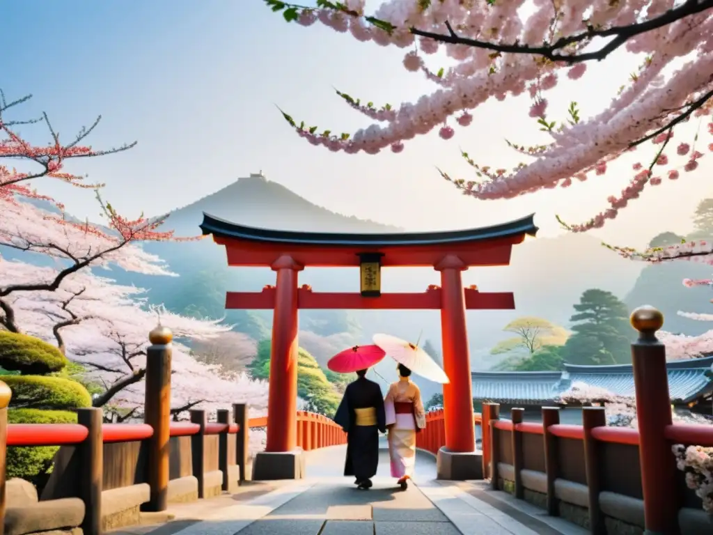 Grupo con kimonos y sombrillas atraviesa torii entre cerezos en flor