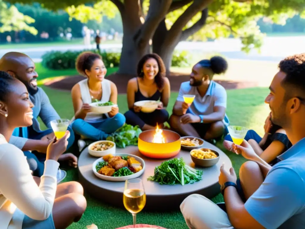 Un grupo de manifestantes comparte comida y conversaciones en un círculo, con pancartas y lemas políticos al fondo