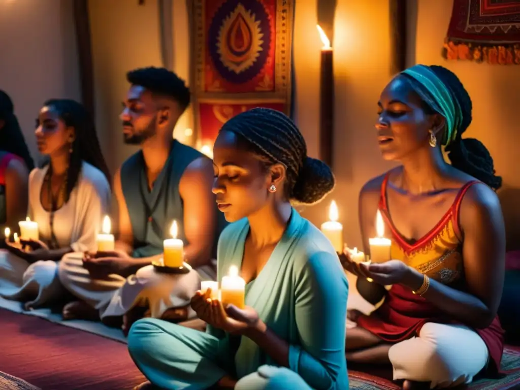 Grupo en meditación, entonando mantras y oraciones en un ambiente sereno y místico con velas y tapices coloridos