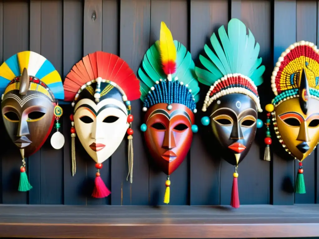 Un grupo de máscaras de madera africanas, representando personajes y deidades tradicionales, adornadas con cuentas y plumas