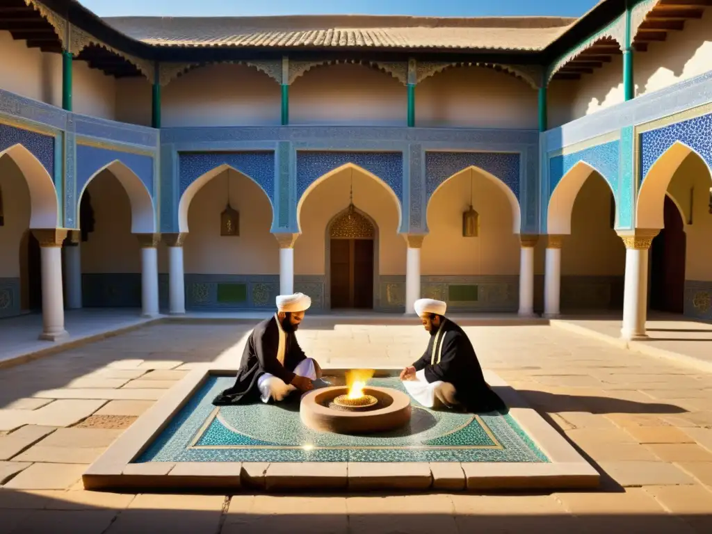 Grupo de masones en un patio de mosaicos persas realizando un ritual con influencia de la masonería, entre sombras y detalles ornamentales