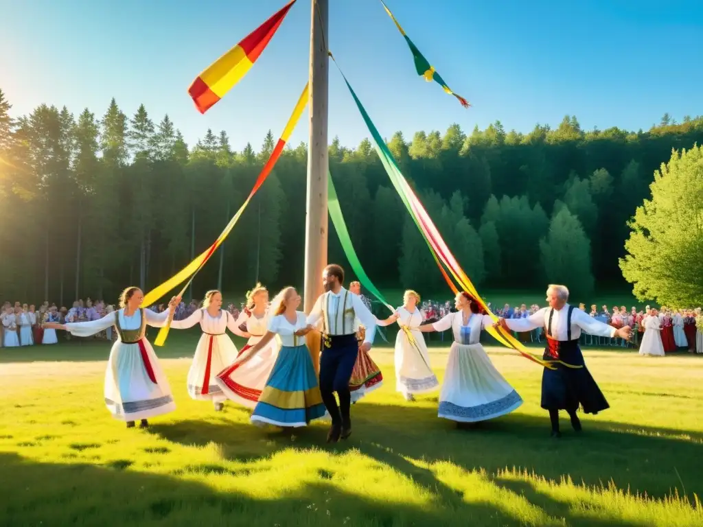 Grupo bailando alrededor del mástil de mayo en un campo soleado