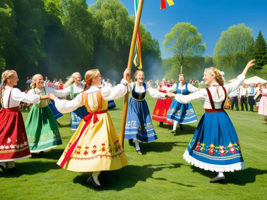 Grupo bailando alrededor del maypole en un prado soleado, con trajes suecos tradicionales y cintas coloridas