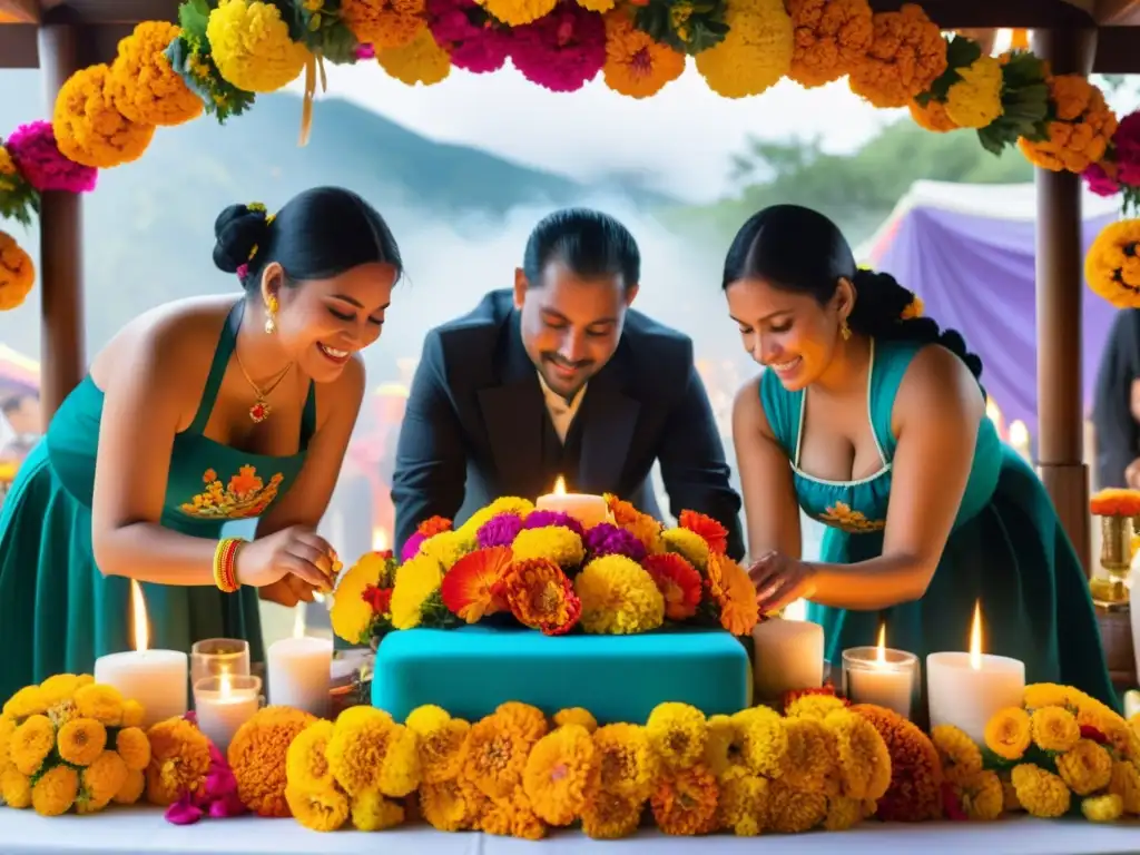 Un grupo prepara una mesa de ofrendas en rituales del Día de los Muertos, con maravillosas flores de cempasúchil y papel picado colorido