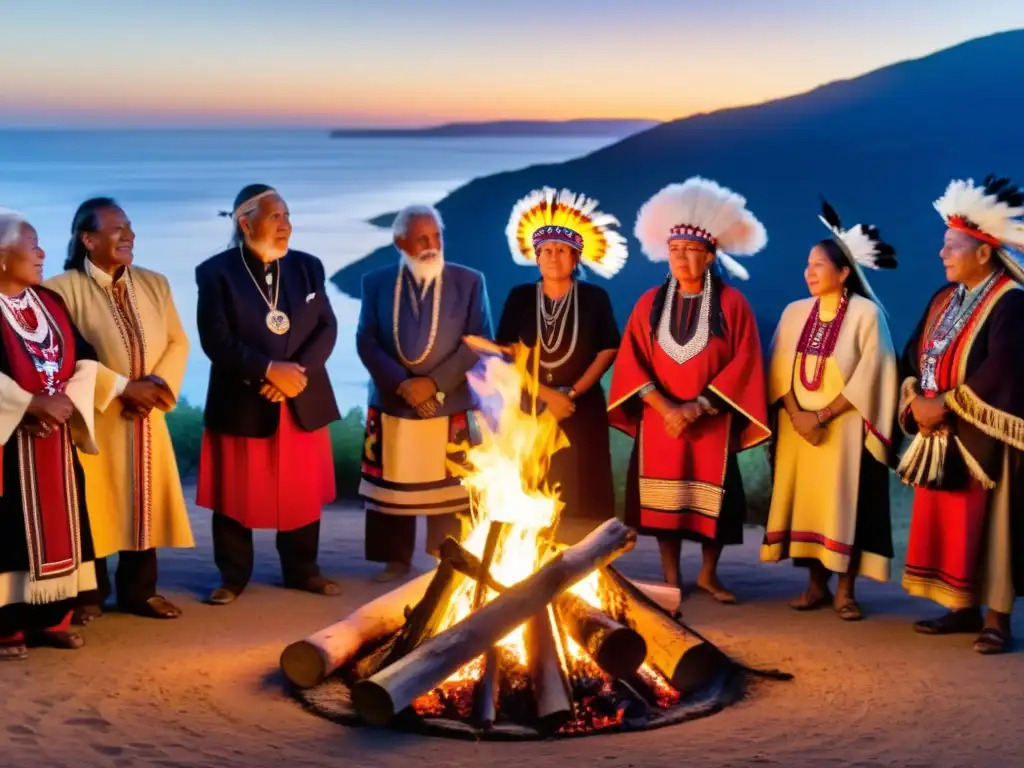 Grupo de miembros de la comunidad indígena reunidos alrededor de una fogata, participando en un taller de canto en rituales ancestrales