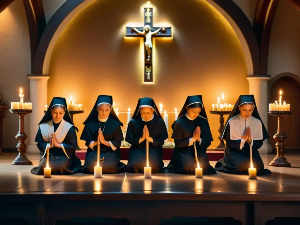 Un grupo de monjas en hábitos religiosos rezando en una iglesia ornamentada en preparación para el rito de consagración vida religiosa