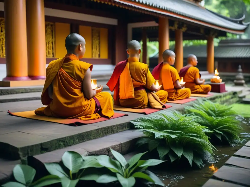 Un grupo de monjes budistas en saffron medita frente a un templo adornado