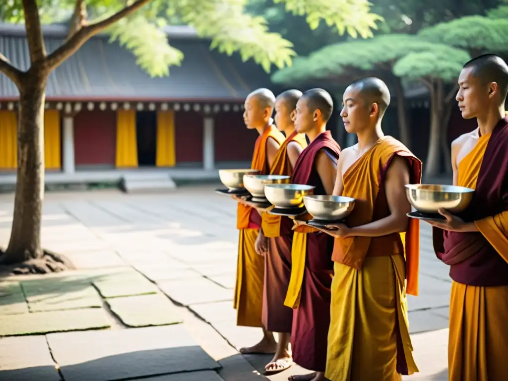 Un grupo de monjes budistas en un ritual de agua perfumada, creando una atmósfera espiritual y serena