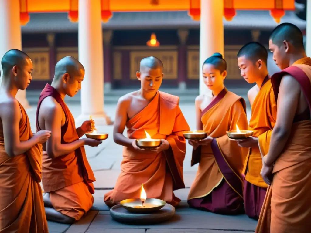 Grupo de monjes budistas en ritual de iniciación, transmitiendo serenidad y sabiduría ancestral