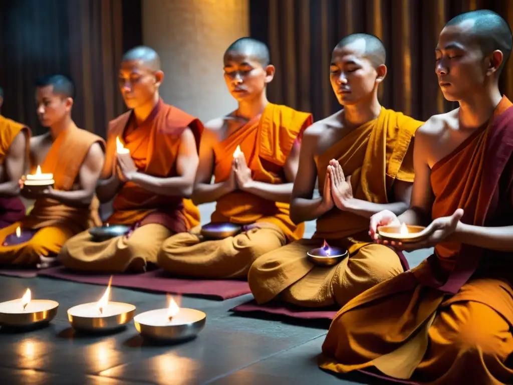 Grupo de monjes budistas en saffron realizando rituales para la iluminación en templo sereno